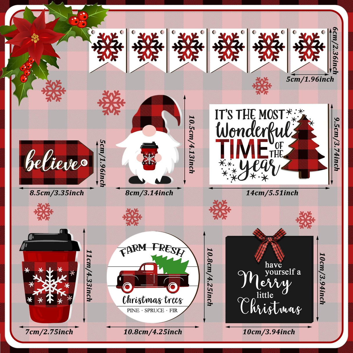 Jetec 12 Pcs Christmas Tiered Tray Decor - Red & Black Buffalo Plaid, Snowflake, Tree, Gnome, Truck - Wooden Signs - Farmhouse Decoration Centerpieces Christmas Decor for Home, Table, Shelf Jetec