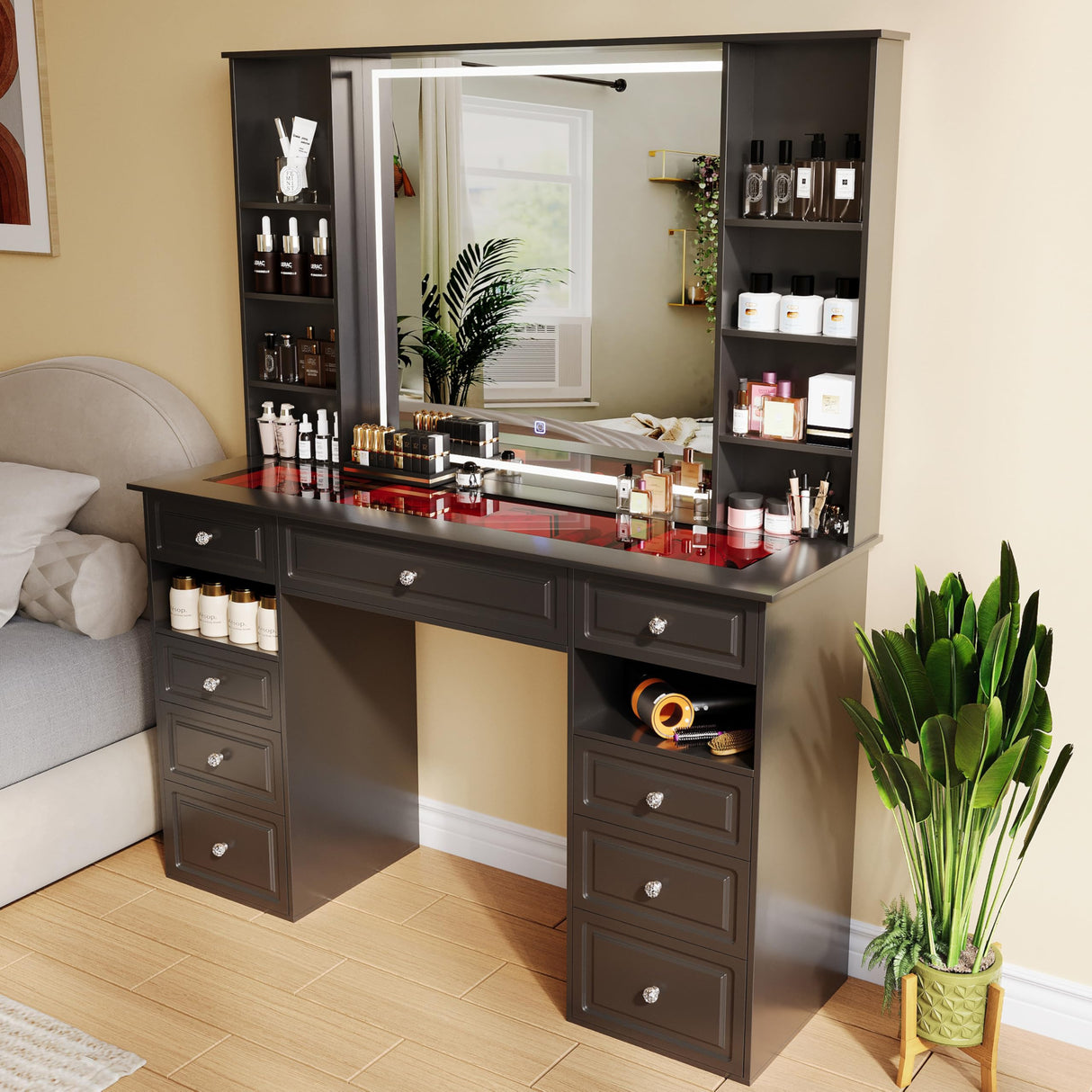 Wildhome Vanity Desk with Mirror and Lights, Glass Top Dressing Table with 9 Drawers, Makeup Vanity with Storage Bench, European Style Vanity, Adjustable Brightness Vanity for Bedroom(Black) Wildhome
