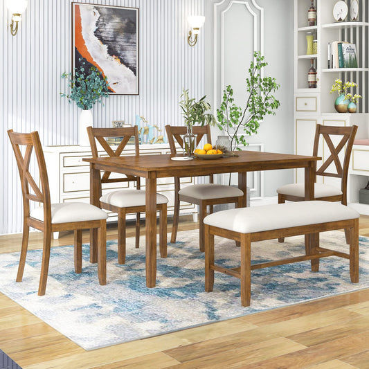 6 Pieces Dining Table Set, Wood Rectangle Table and 4 Chairs with Bench with Cushion, Kitchen Table Chairs Set for 6 Persons, Rustic Style Dining Room Set - Natural Cherry - WoodArtSupply