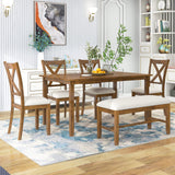 6 Piece Dining Table Set, Wooden Rectangular Kitchen Table and 4 Dining Chairs with Cushions and 1 Bench with Cushion, Wooden Kitchen Dining Room Table Set for 6, Brown Bellemave