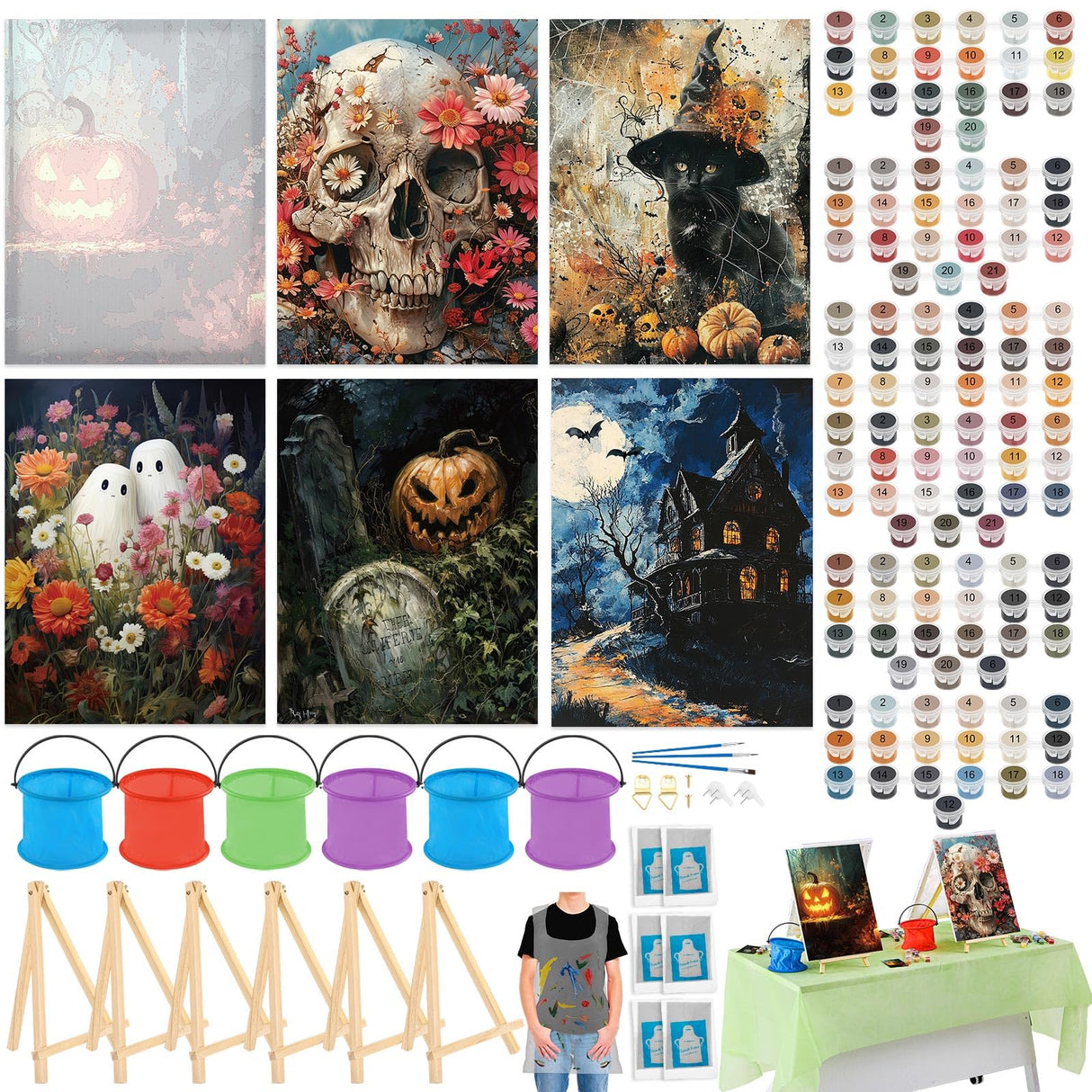 Gersoniel 6 Sets Halloween Paint by Numbers Kit for Adults, 16x12 Inch Ghost Pumpkin Sip and Paint for Beginners, Pre Drawn Oil Painting on Canvas, DIY Painting Kit Bulk Gifts for Halloween Gersoniel