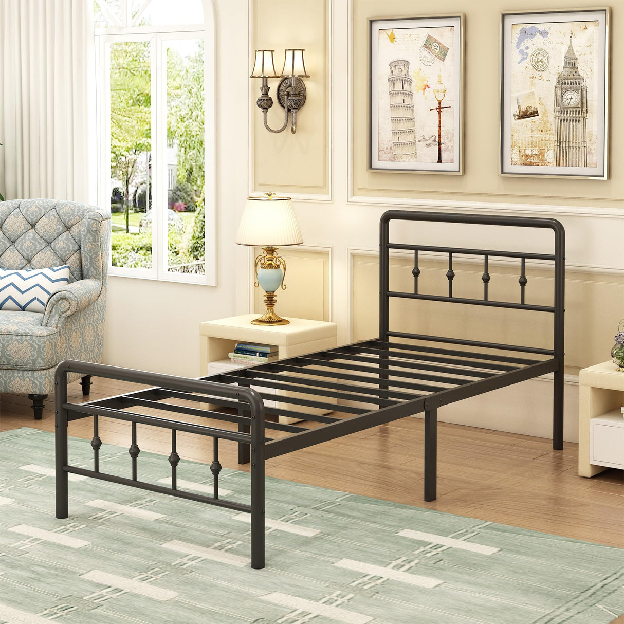 EMODA 16 Inch Twin Bed Frames with Headboard and Footboard, Heavy Duty Twin Platform Bed, Metal Slats Support Mattress Foundation, No Box Spring Needed, Easy Assembly EMODA