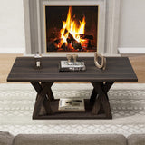 FROMJBEST Farmhouse Coffee Table with Shelf, Wood Coffee Table for Living Room, Open Display Area,47” Dark Brown FROMJBEST