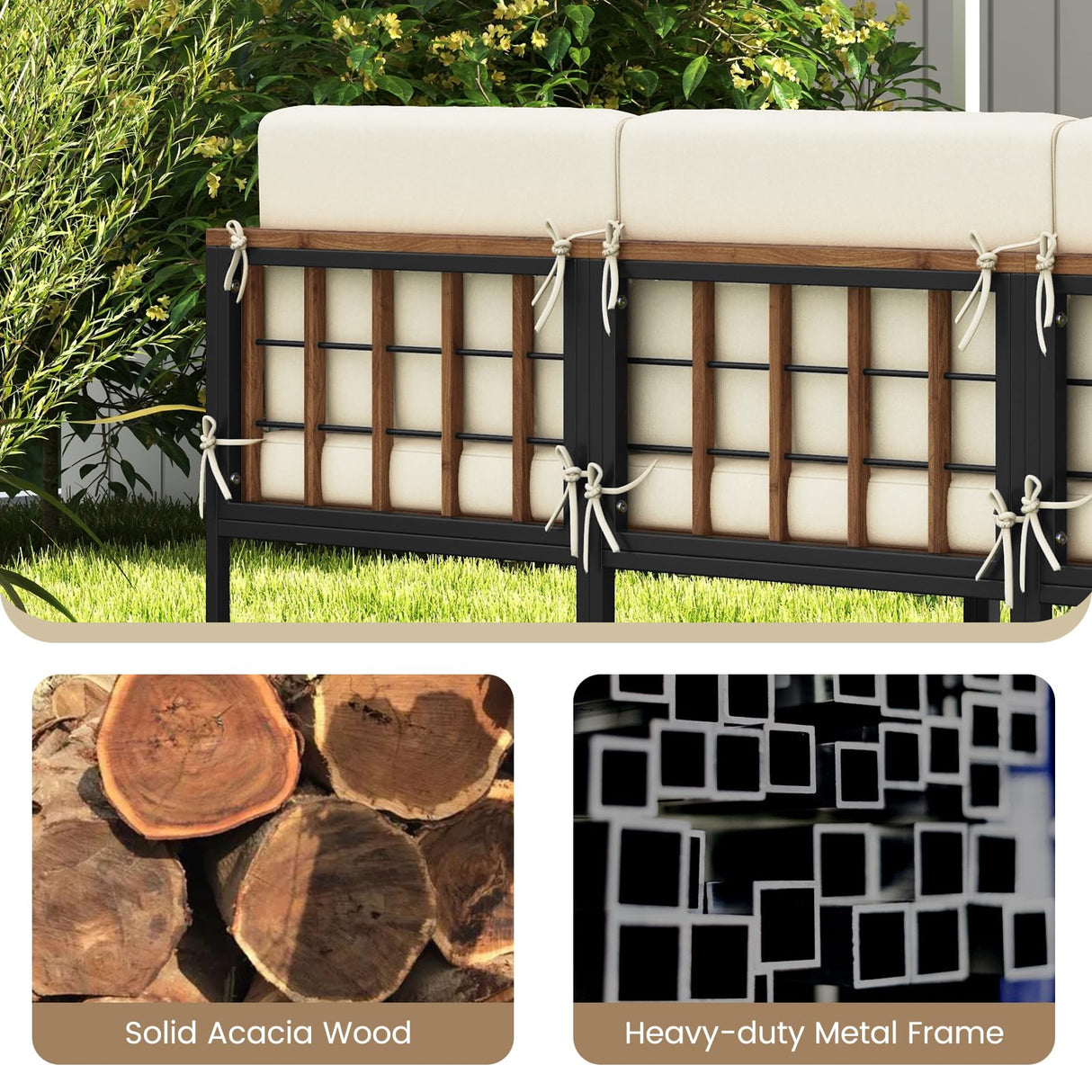 Tangkula 6 Pieces Acacia Wood Patio Furniture Set, Patiojoy Outdoor Sectional Conversation Sofa Set with Cushions, Coffee Table and Ottomans, Patio Seating Sofas for Garden, Poolside, Backyard (Beige) Tangkula