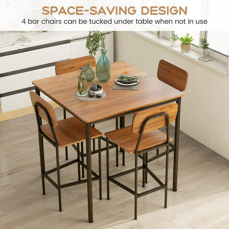 Giantex 5-Piece Dining Table Set W/Counter Height Table & 4 Bar Stools, Industrial Kitchen Dining Table Set W/Footrest & Backrest, Space-Saving Dinette Set for Pub, Dining Room, Restaurant (Walnut) Giantex