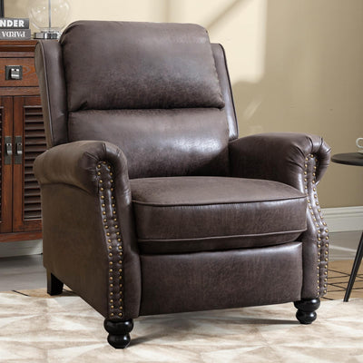 IOMOR Push Back Recliner Chair Faux Leather Lounge Armchair with Rivet Decoration Wingback Single Sofa Chair with Padded Seat Solid Wood Legs for Living Room, Comfy Upholstered, Dark Grey