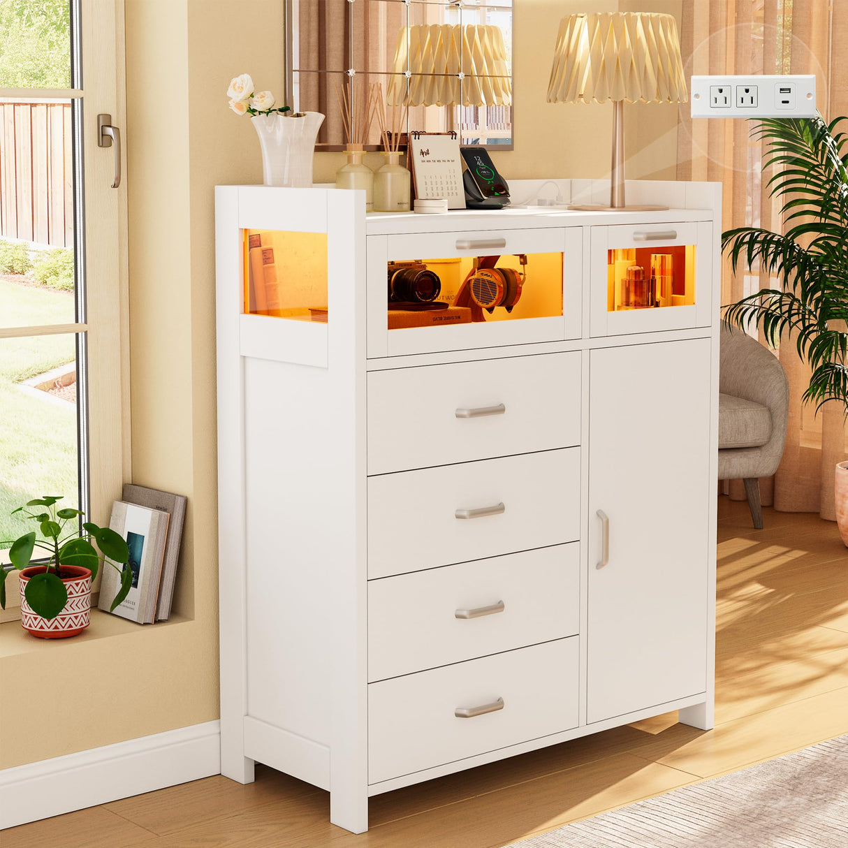 Alohappy 4 Drawers Dresser for Bedroom, Wood Chest of Drawers with Shelves Storage Cabinet, Modern Dresser with LED Lights and Charging Station for Living Room, Closet, Hallway, White Alohappy