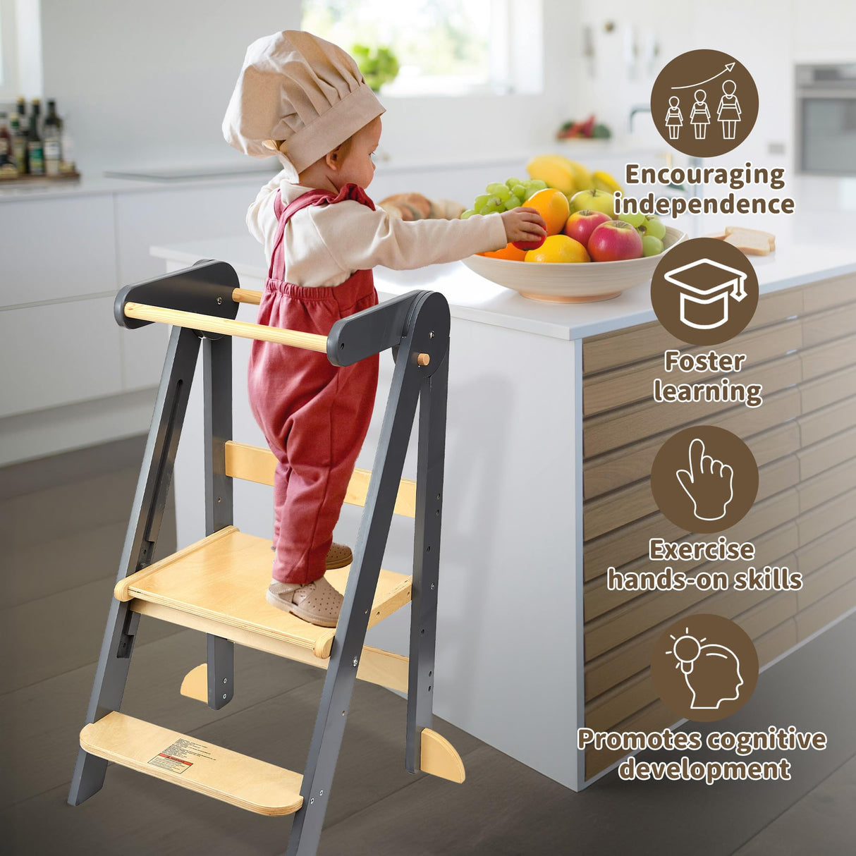 Foldable Toddler Tower Preassembled Kitchen Step Stool, Folding Tower for Learning with 3 Adjustable Heights Montessori Toddler Standing Tower Collapsible Step Stool for Kids 1-6y GY NAT TDKDHoming