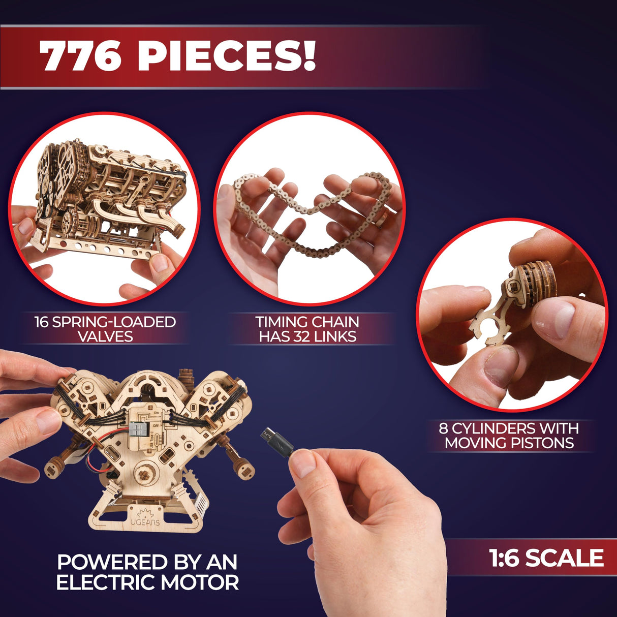 UGEARS V8 Engine Model Kit - Advanced 3D Wooden Puzzles for Adults - DIY Kits Gifts for Engineers - 3D Puzzle Model Engine Kit for Adults for Father's Day, Birthdays, Christmas - 776 Pcs UGEARS