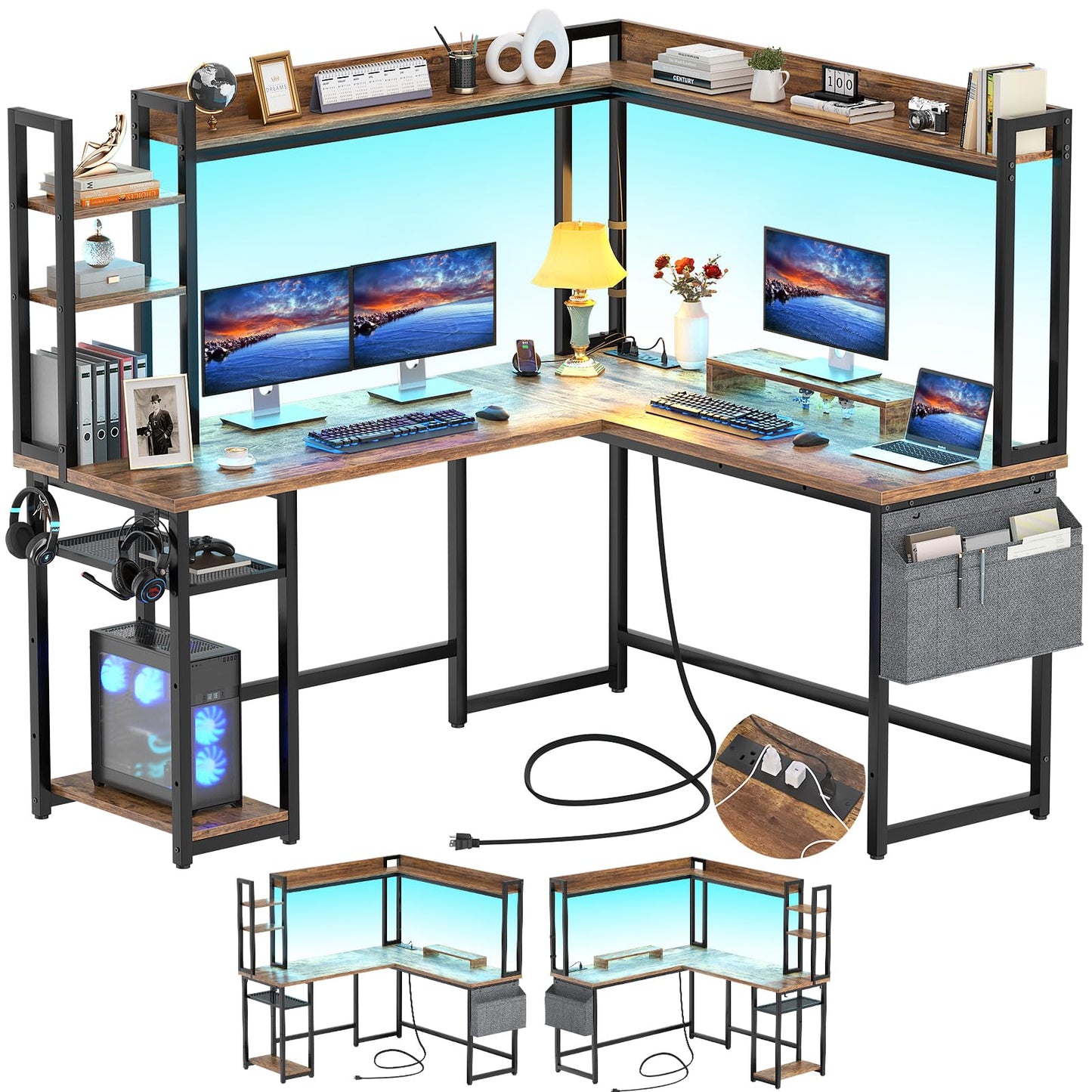 Aheaplus L Shaped Desk with Power Outlet, L Shaped Gaming Desk with Led Light & Hutch, Reversible Home Office Desk, Corner Computer Desk Writing Desk with Monitor Stand & Storage Shelf, Rusti - WoodArtSupply