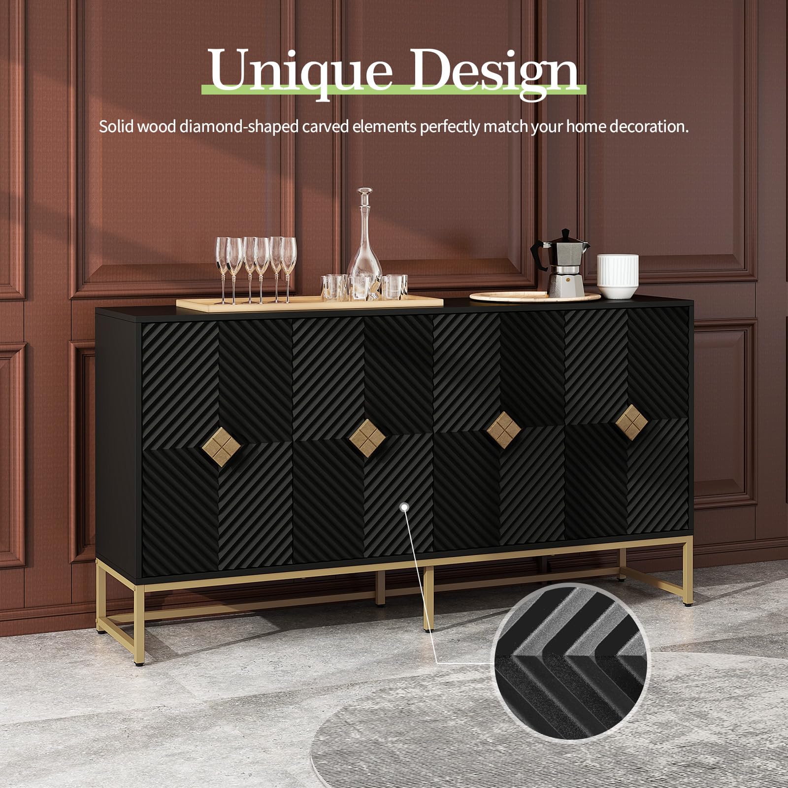 YHAOWORKS Sideboard Buffet Cabinet with Storage - Accent Storage Cabinet with Doors, Wood 4 Doors Cabinet with Metal Legs, 60" Buffets & Sideboards, Modern Credenza for Living Room (Black) - WoodArtSupply