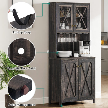YITAHOME Kitchen Pantry Cabinet Storage with Microwave Stand, 67'' Tall Pantry Buffet Cabinet w/Acrylic Glass Doors and Glass Holder, Freestanding Hutch Cupboard for Home, Kitchen, Dark Rustic Oak YITAHOME