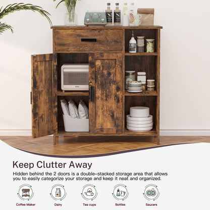 FIONESO Storage Cabinet, Floor Cabinet Wooden Storage Organizer with Drawer, Coffee Bar Cabinet with 2 Doors and 3 Shelves, Freestanding Cupboard for Entryway/Living Room/Bathroom, Rustic Brown