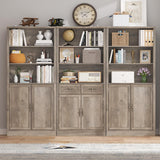 Thacuok Bookcase with Doors and Drawers, Adjustable Shelves, P2 MDF Construction, Freestanding Cabinet with Metal Handles, Hidden Storage for Living Room, Bedroom, Grey Thacuok