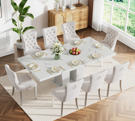 KUVADAZ 63"-78.74" White Faux Marble Extendable Dining Room Table Set for 8, 9-Piece Dining Table Set with 8 Chairs, Rectangle Wooden Expanding Kitchen Table and Beige Upholstered Chairs Set KUVADAZ