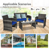 Goplus 4-Piece Rattan Patio Furniture Set, Outdoor Wicker Conversation Sofa with Weather Resistant Cushions and Tempered Glass Tabletop for Lawn Backyard Pool Garden (Blue) Goplus