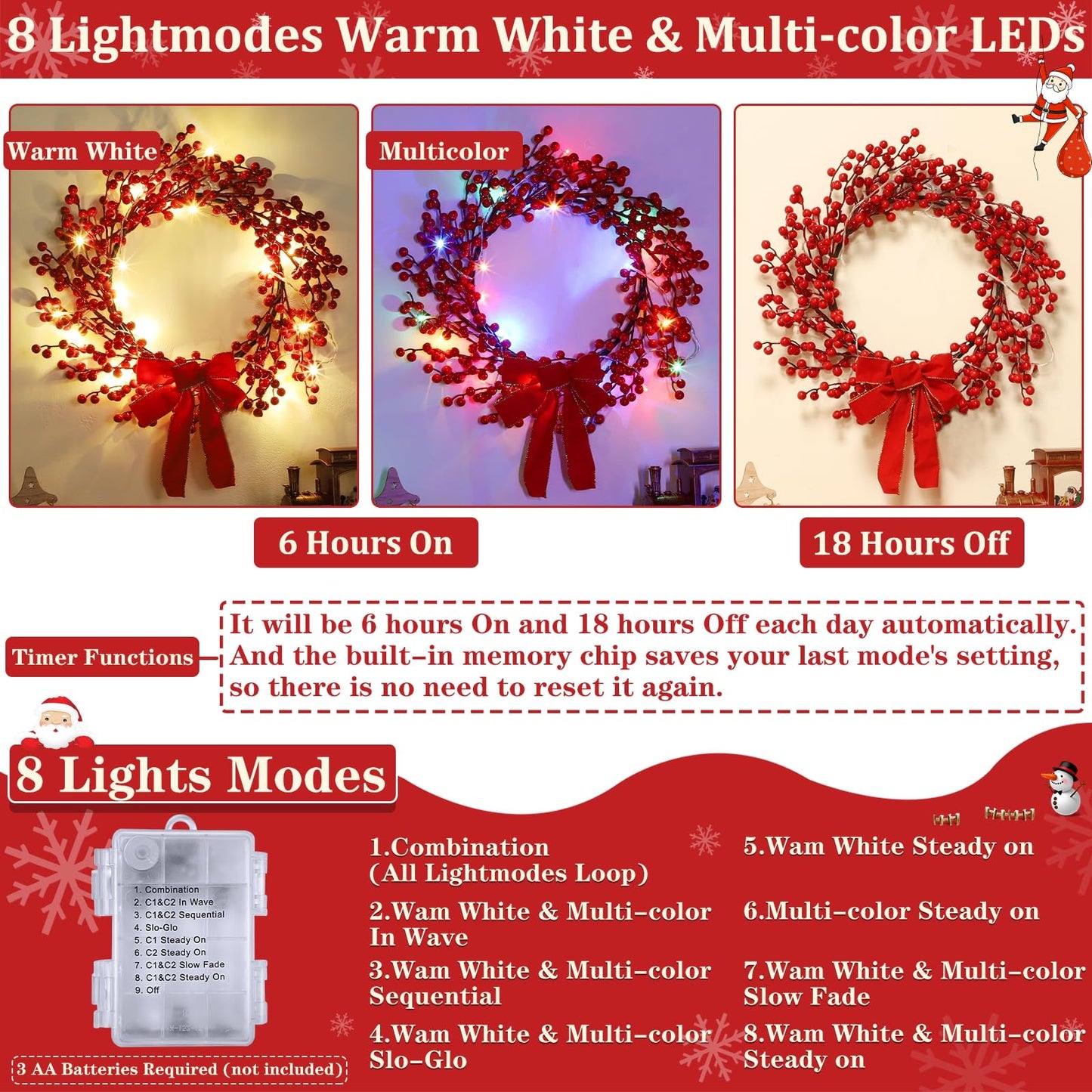 TURNMEON Dual Color Change&Timer 8 Modes Lighted Christmas Wreaths for Front Door, 20 Warm White&Color Lights with Bowknot Artificial Red Berry Christmas Wreath Xmas Winter Wreath Home Holiday 18 Inch