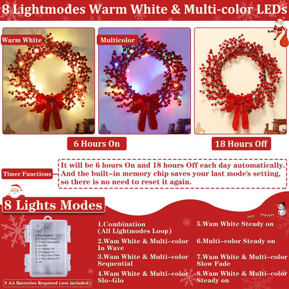 TURNMEON Dual Color Change&Timer 8 Modes Lighted Christmas Wreaths for Front Door, 20 Warm White&Color Lights with Bowknot Artificial Red Berry Christmas Wreath Xmas Winter Wreath Home Holiday 18 Inch