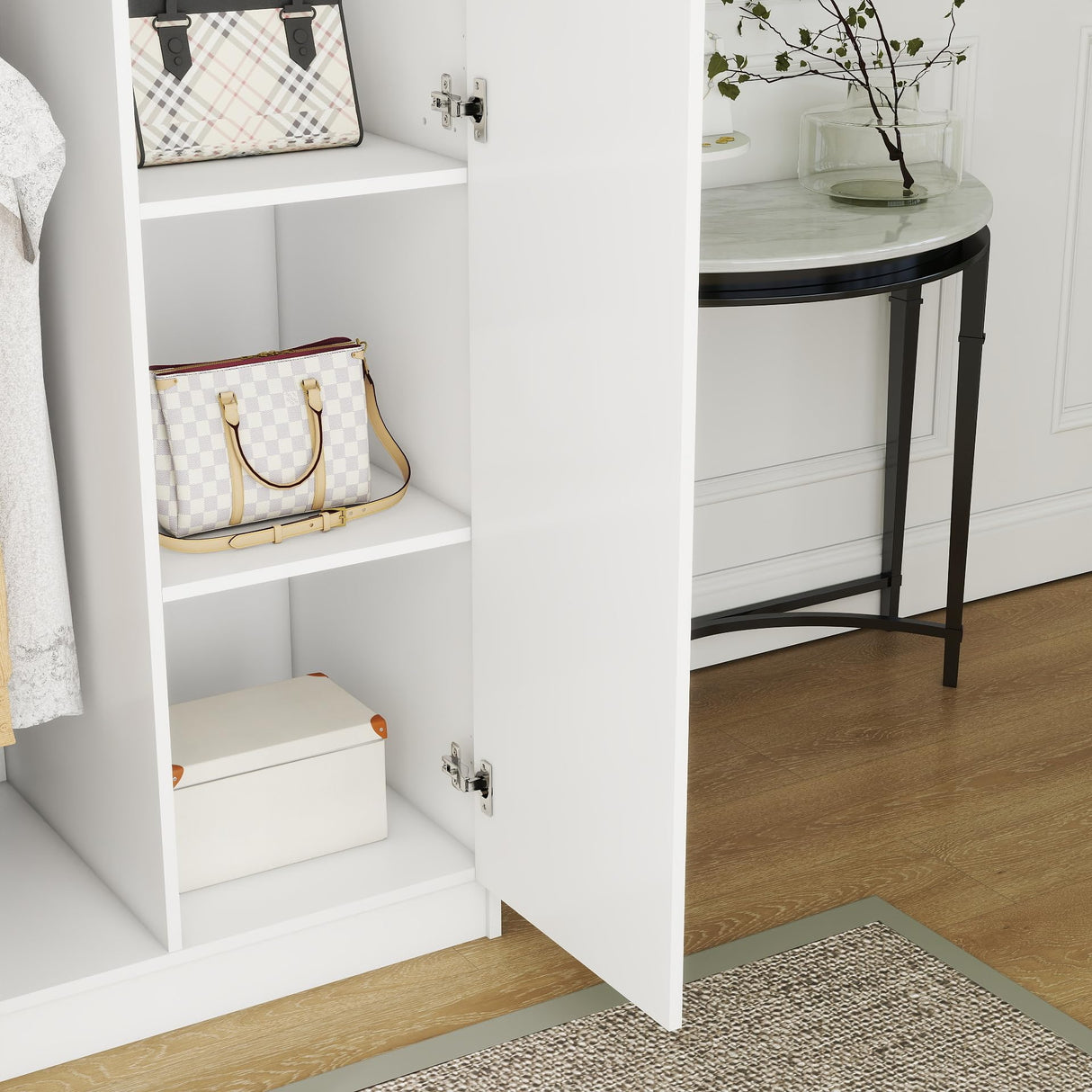 Panana Large Wardrobe Closet with Storage Shelves, 4 Door Armoires Wardrobe with 5 Shelves and 2 Hanging Rails for Bedroom Panana