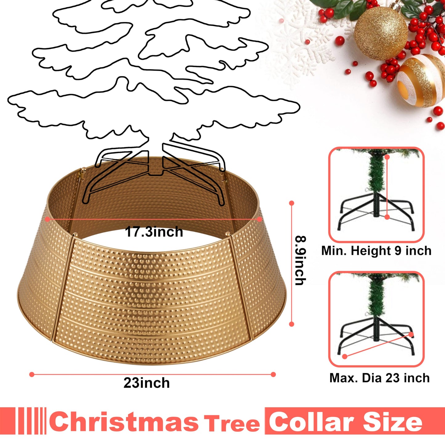 Christmas Tree Collar and Skirt Set - 23" Festive Holiday Decor with Gold Metal Tree Collar Base Stand - Ideal for Real or Artificial Trees - Christmas Skirt Tree Basket Decorations Gift