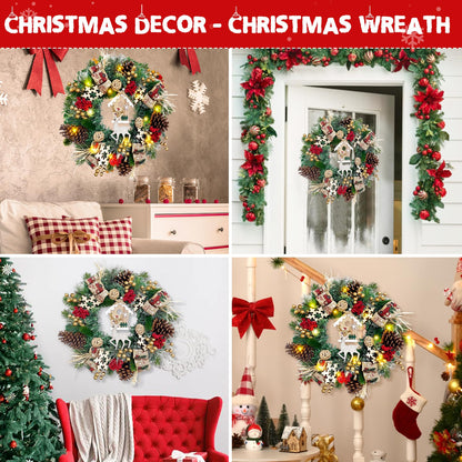 Christmas Wreaths for Front Door - Christmas Wreath with Christmas Reindeer, 16" Christmas Door Wreath with Santa Wooden House Bow Snowflakes Berries Pine Cones for Home Xmas Decor