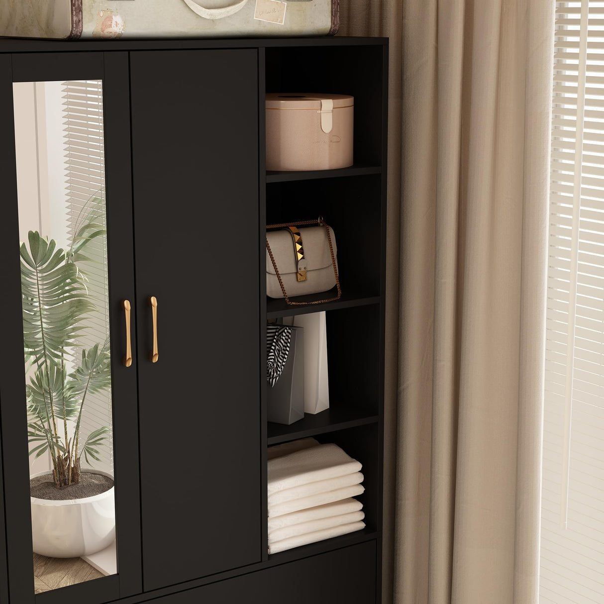 Homsee Wardrobe Armoire Wooden Closet with Mirror, 2 Doors, 2 Drawers, 4 Open Storage Cubes and Hanging Rod for Bedroom, Black (35.5”L x 15.8”W x 70.8”H) Homsee