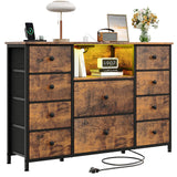 Dresser for Bedroom with 10 Drawers, Storage Organizer TV Stand for 55" TV with LED Lights and Sockets, Fabric Chest of Drawers with PU Finish for Kid Room, Entryway, Living Room, Hallway, Brown LIWEIJIA