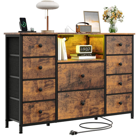 Dresser for Bedroom with 10 Drawers, Storage Organizer TV Stand for 55" TV with LED Lights and Sockets, Fabric Chest of Drawers with PU Finish for Kid Room, Entryway, Living Room, Hallway, Brown LIWEIJIA