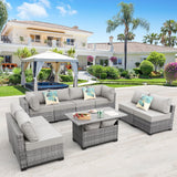 Rattaner 9-Piece Outdoor Sectional Wicker Furniture Set Patio Furniture Conversation Couch Set Large-size Storage Table with Thicken(5") Anti-slip Light Grey Cushions Furniture Cover Rattaner