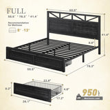 Homkdom Farmhouse Full Size Bed Frame with 2 Storage and LED Lights, Full Bed Frame with Headboard Built in Charging Station,Easy Assembly, No Box Spring Needed, Black Homkdom