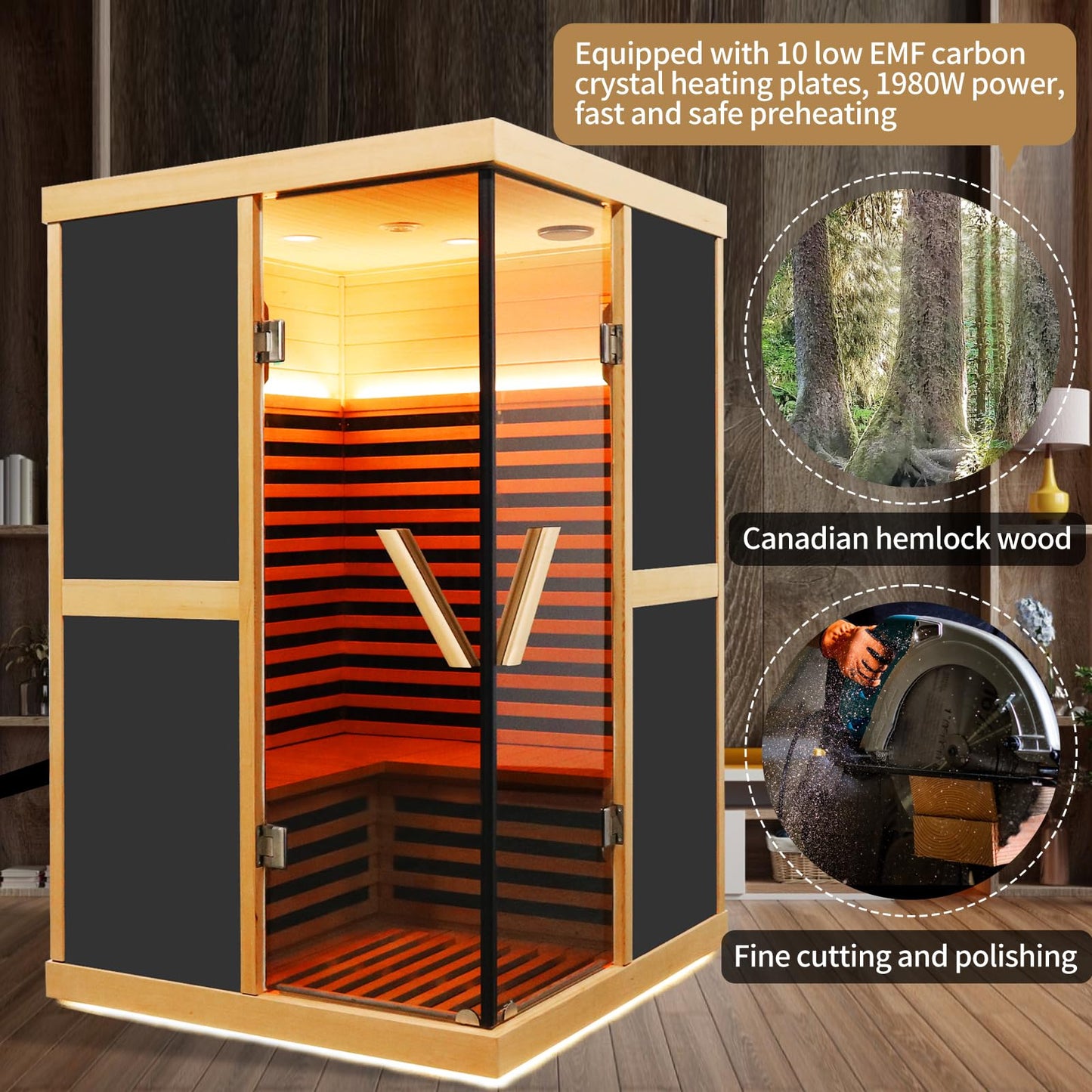 HOSAUNA Home Far Infrared 1980w Sauna, 2 Person Size Canadian Hemlock Wood Indoor Sauna Spa Center, remotely Controlled by APP