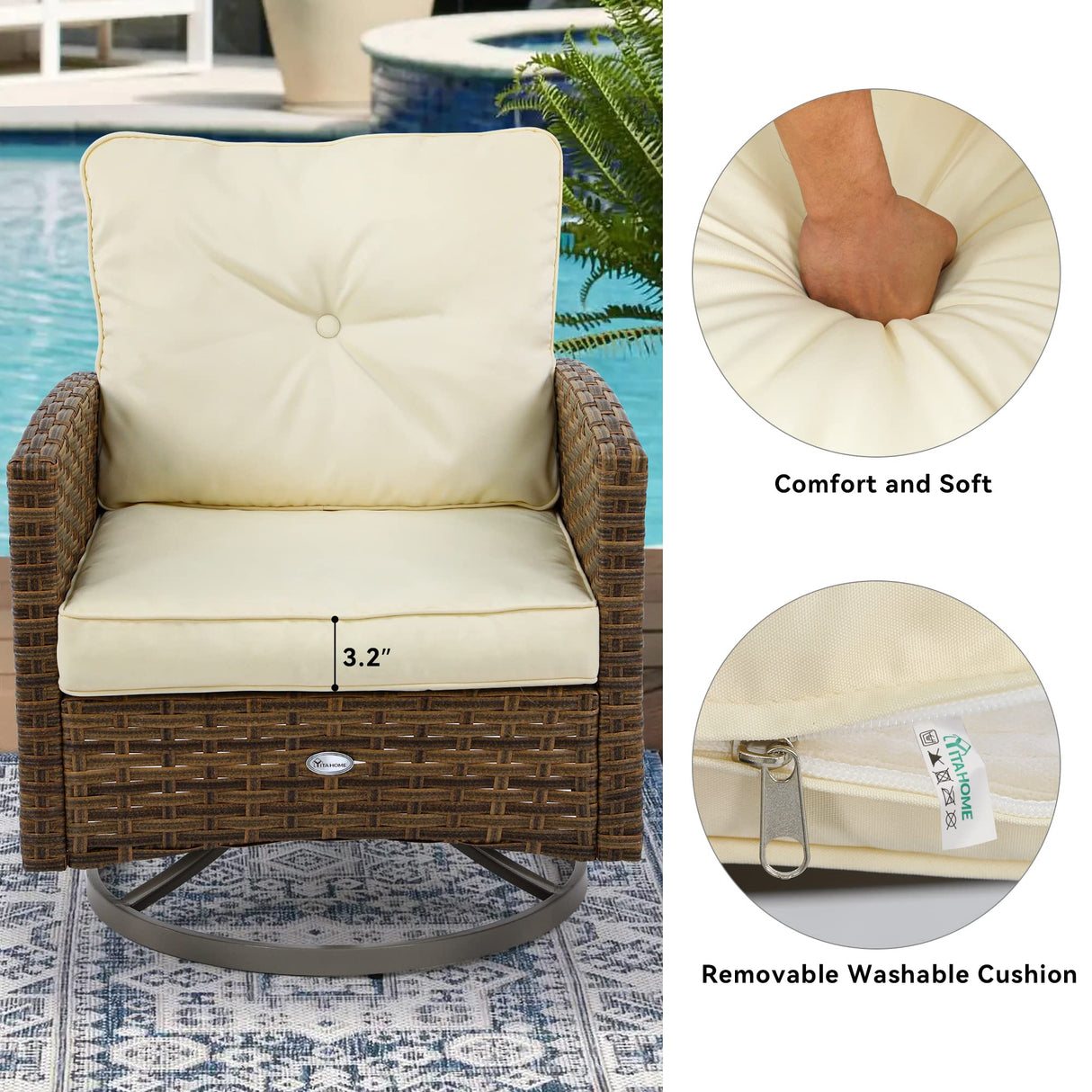 YITAHOME 3-Piece Patio Wicker Swivel Chairs, Outdoor Small Furniture Rocking Coversation Chairs w/Thick Cushions and Table for Garden, Backyard and Balcony (Tan Chairs + Off- White Cushions) YITAHOME