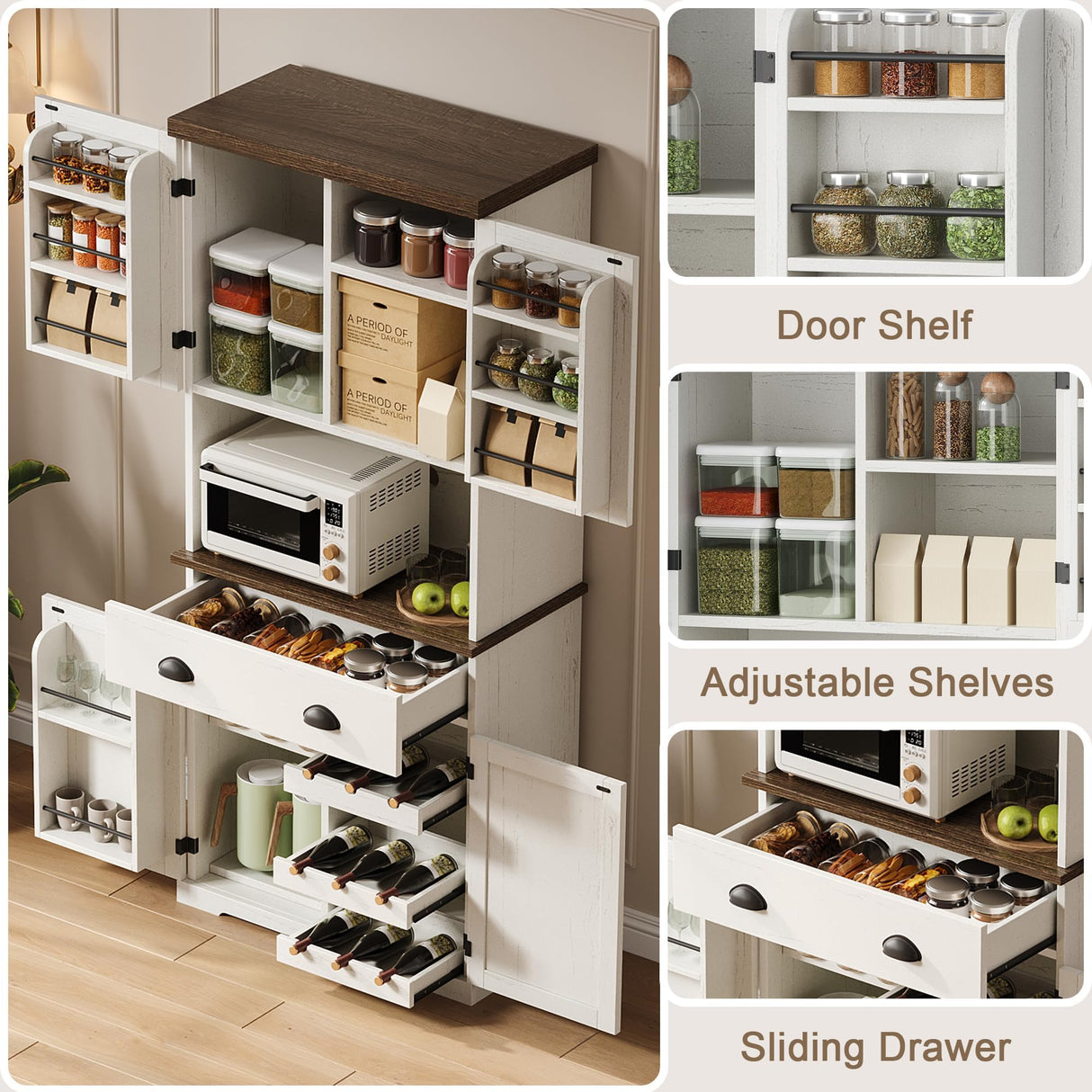 ChooChoo 72" Pantry Cabinet with Storage Drawers, Farmhouse Kitchen Hutch Bar Cabinet with Microwave Stand, Kitchen Cupboard with Door Shelves for Dining Room, Living Room, Antique White & Brown ChooChoo