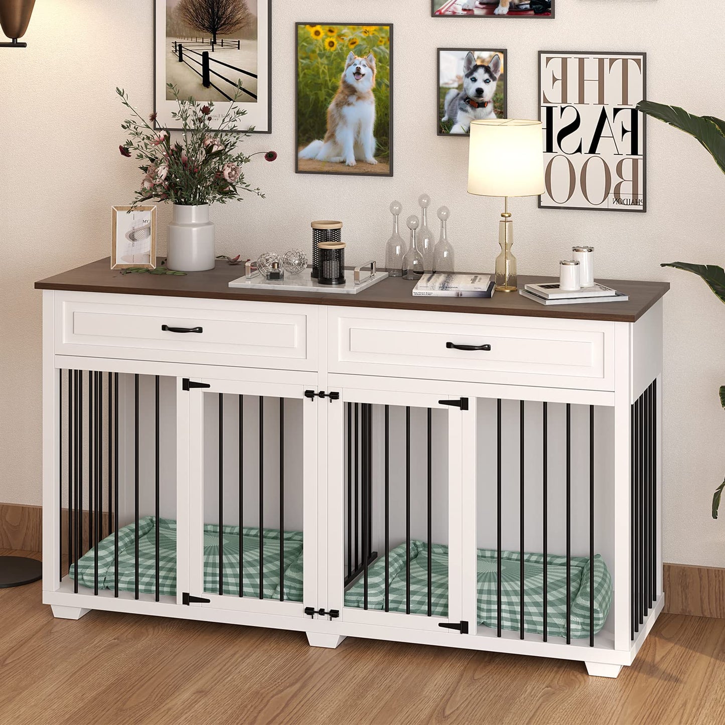 PIAOMTIEE Dog Crate Furniture, 72.4 Inch Wooden Dog Kennel, Modern Decorative Dog Crate End Table, Dog House with Double Doors, Drawers, Divider, Indoor Dog Cage for Large Medium Dogs, White - WoodArtSupply