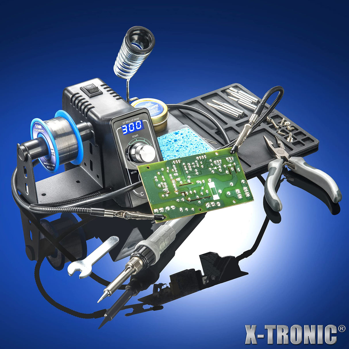 The Original X-Tronic 3020-XTS • 75W Soldering Iron Station • LED • 2 Helping Hands • Roll of Solder • Brass Sponge w/Cleaning Flux • Wet Sponge • °C/°F Conversion Switch • 10 Minute Sleep Feature! X-TRONIC