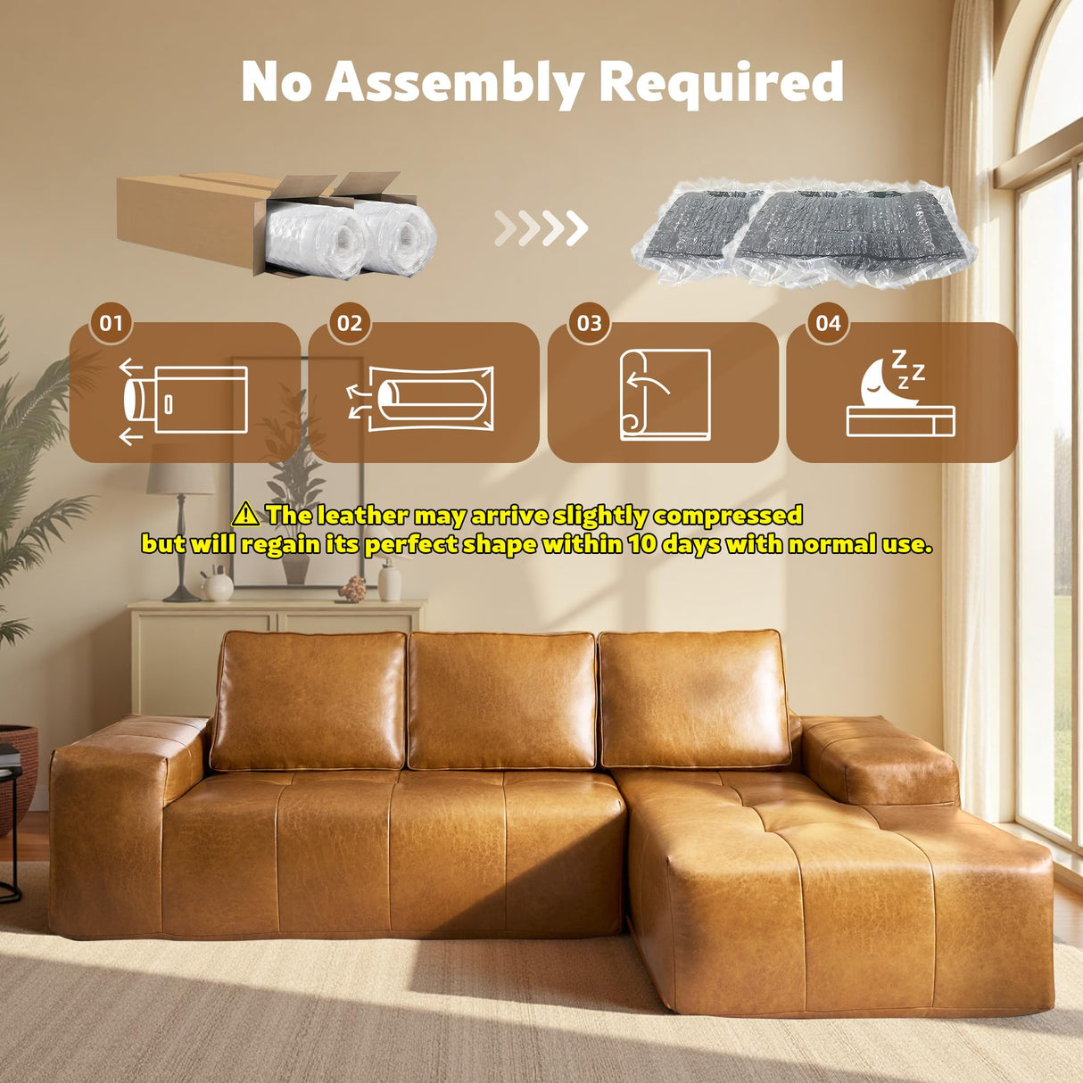 CAODOC 114" Leather Sectional Couch with Comfy Chaise, Boneless L Shape Sofa with Deep Seat, Minimalist Modular Couches Sleeper for Living Room Lounge,Brown CAODOC