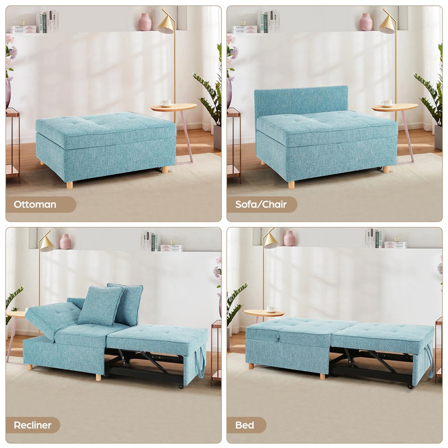 SEJOV Sofa Bed, 4-in-1 Convertible Sleeper Sofa, Pull Out Couch with 3 Seater, Sofa Chair with 5 Adjustable Backrests, 71’’ Linen Couch with 2 Pillow, Loveseat for Living Room, Sky Blue