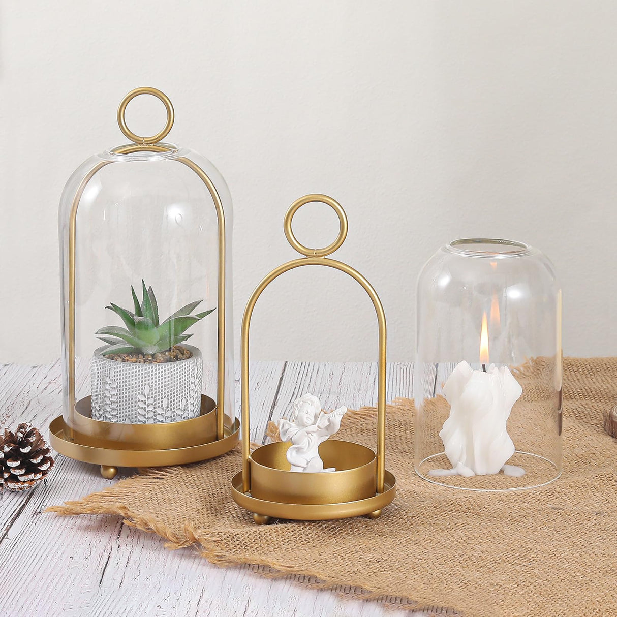 Versatile Metal Candle Holder Set with Handmade Glass Dome,Antique Brass Pillar Candle Stand, 5.2" & 4.1" Wide for Tabletop or Hanging, Industrial & Farmhouse Decor SHOHAYTO