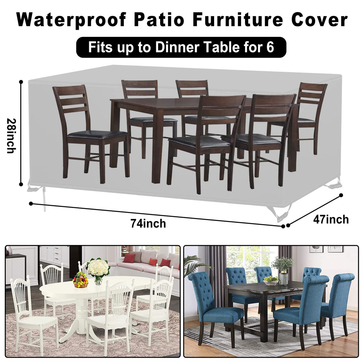 Patio Furniture Covers Waterproof, Outdoor Furniture Covers Rip-proof for Patio Furniture Set Table and Chairs, Windproof UV and Fade Resistant Outdoor Sectional Cover 74"L X 47"W X 28"H Lipneaed