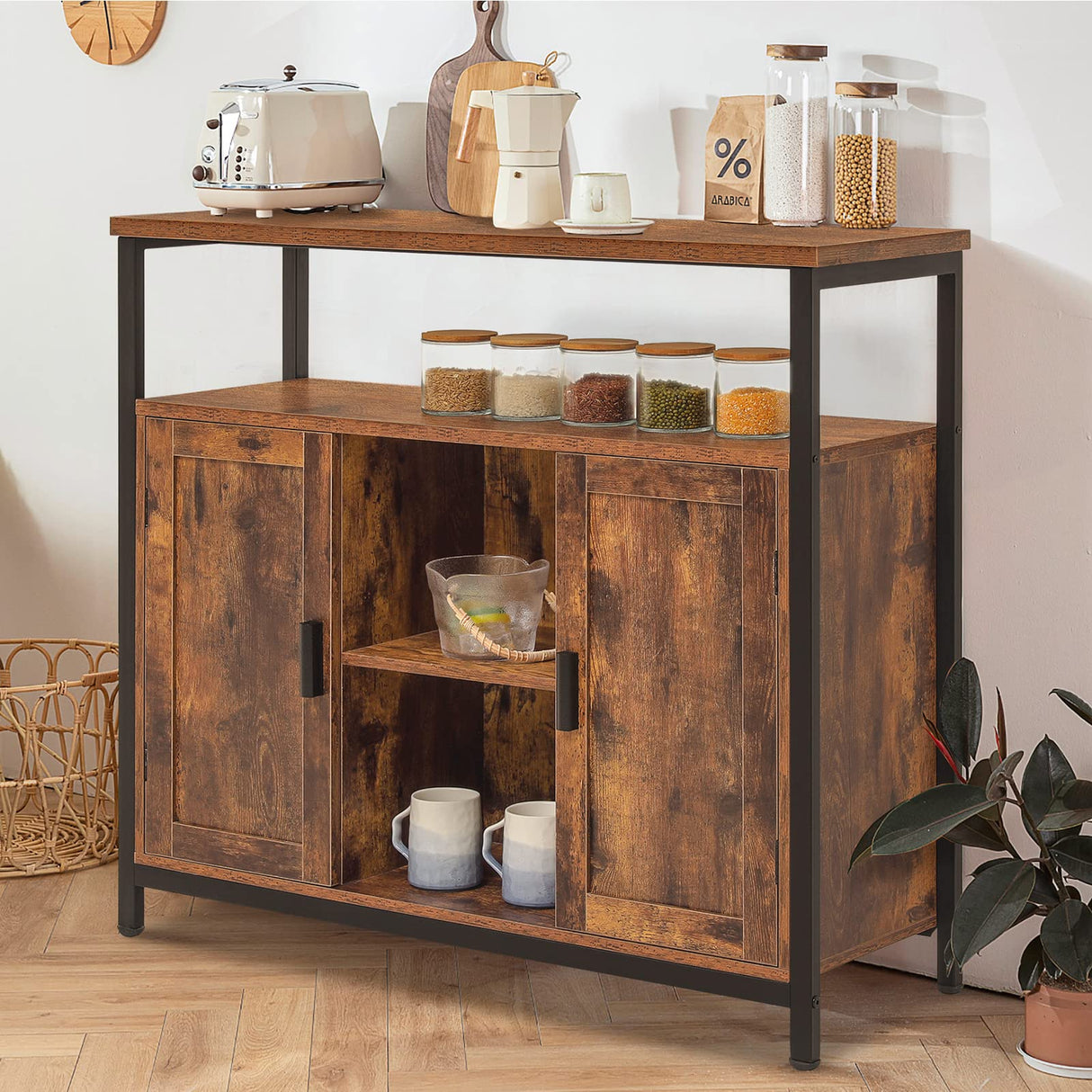 usikey Storage Cabinet with 2 Doors, Buffet Cabinet, Kitchen Cabinet with Adjustable Shelves, Open Compartment, Storage Sideboard, for Dining Room, Living Room， Rustic Brown usikey