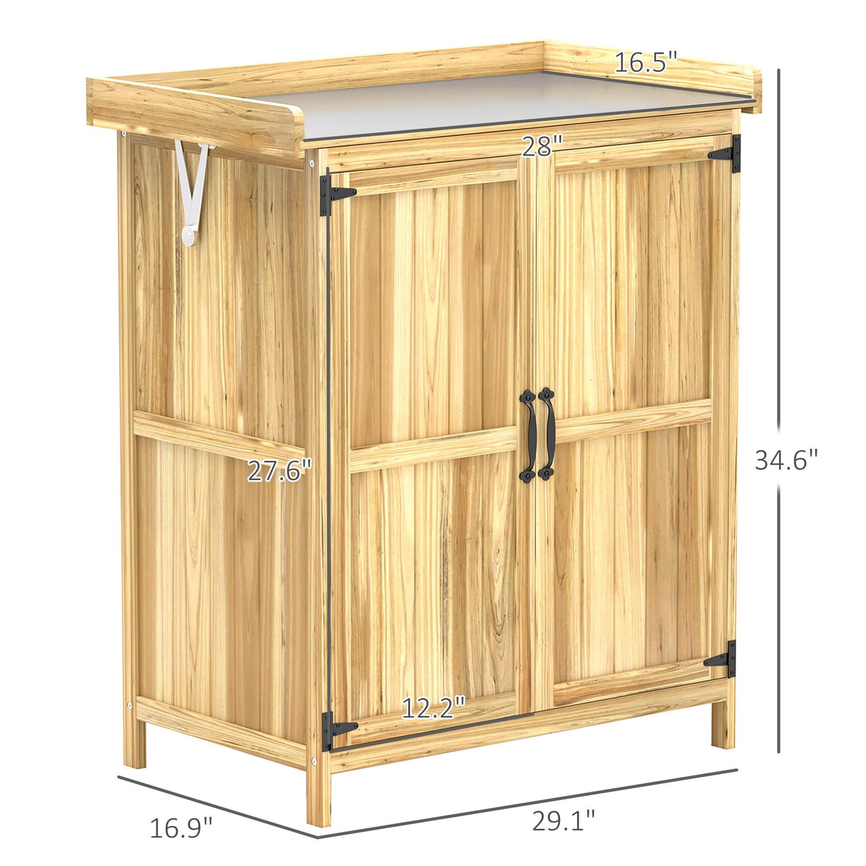 Outsunny Outdoor Storage Cabinet, Garden Tool Shed with Metal Tabletop and Shelf, Wooden Potting Bench with 2 Doors for Backyard, Patio, Lawn, Natural Wood Outsunny
