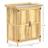 Outsunny Outdoor Storage Cabinet, Garden Tool Shed with Metal Tabletop and Shelf, Wooden Potting Bench with 2 Doors for Backyard, Patio, Lawn, Natural Wood Outsunny