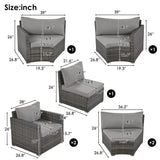 9-Piece Outdoor Patio Half Moon Furniture Set, Free Combination Sofa Set Sectional Conversation Set, Rattan Wicker Half Moon Sofa Set with Free Overlapping Round Table (Gray Wicker + Gray Cushion) YSWH