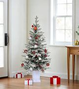 DWVO 4.5 FT Potted Slim Pre-lit Flocked Arctic Fir Pencil Tree, Potted Christmas Tree with 11 Red Hollies, 358 PE & PVC Branch Tips, and 100 Lights for Home and Office Decor DWVO