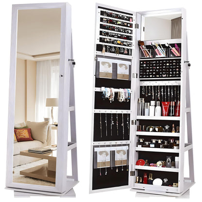 sogesfurniture Lockable Floor Standing Wooden Jewelry Armoire with Full Length Mirror 360°Rotatable Jewelry Organizer Cabinet Lockable with Storage