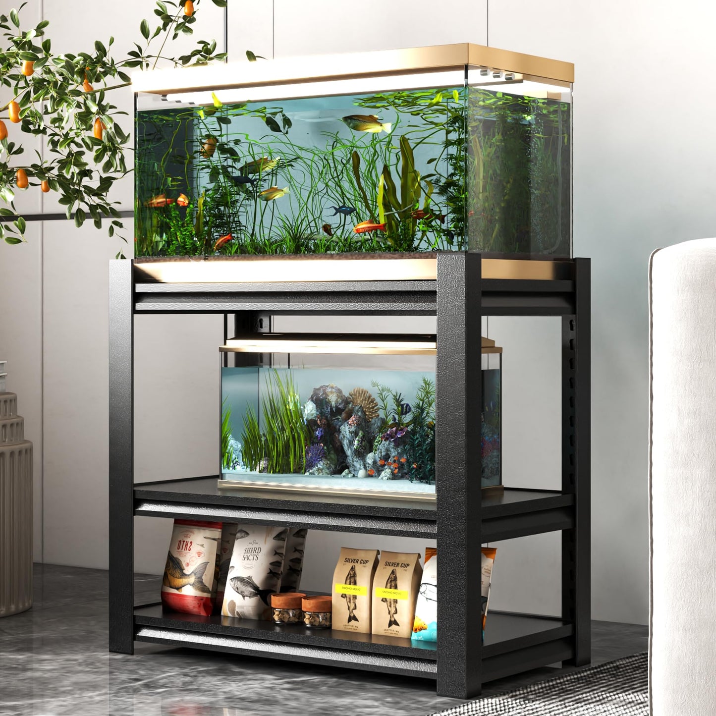 40-50 Gallon Fish Tank Stand, Modern Metal Aquarium Stand, Adjustable Heavy Duty Reptile Terrarium Tank Stand, Adjustable 3-Tier Fish Tank Rack Shelf for Home Office, 31.5"L x 18"W x 34"H, Black