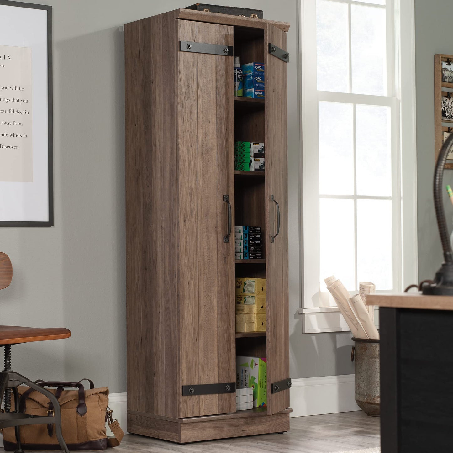 Sauder HomePlus 2-Door Farmhouse Storage Cabinet/Pantry cabinets, Salt Oak Finish - WoodArtSupply