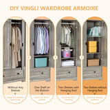 VINGLI Wide Armoire Wardrobe Closet with Hanging Rod, Adjustable Shelves and Drawer, Freestanding Wardrobe Closet with Doors, Bedroom Armoires and Wardrobes, Rustic Grey VINGLI