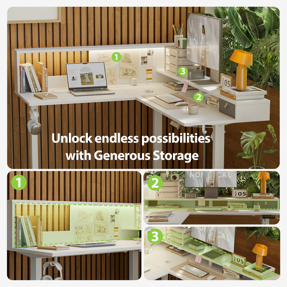 Agilestic L-Shaped Electric Standing Desk, 63x55 Inch Ergonomic Adjustable Height Desk with Storage, Stand Up Corner Desk Sit Stand Computer Table Power Outlet & LED Lights, Office Table, White Agilestic