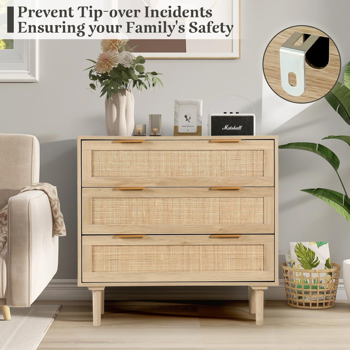 HOPUBUY 3 Drawer Dresser for Bedroom, Oak Rattan Dresser Closet Dressers Chest of Drawers, Light Wood Dresser 3 Drawer Storage Chest for Bedroom, Hallway, Living Room HOPUBUY